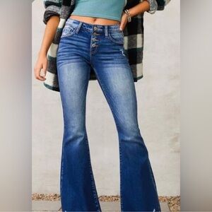 KanCan Dark Blue High-Rise Super Flare Jeans with Button Fly Sz 28
